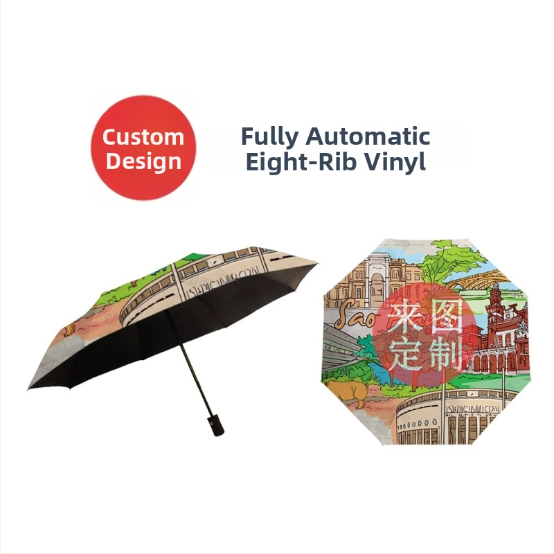 Automatická skladacia slnečná búra s logom a plnofarebným karikatúrnym motívom; rám z hliníka, 8 lúčov, drevená rukoväť, polyesterový 190T, UPF >50