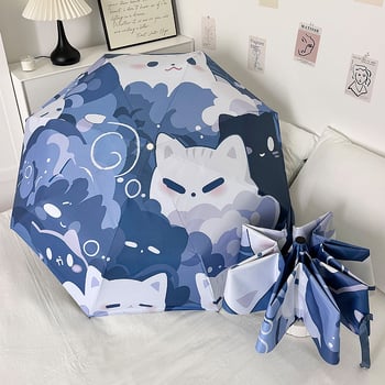 Сгъваем чадър с котешки анимационен принт, петпанелен, компактен и автоматичен, за слънце и дъжд, UV защита PA+++