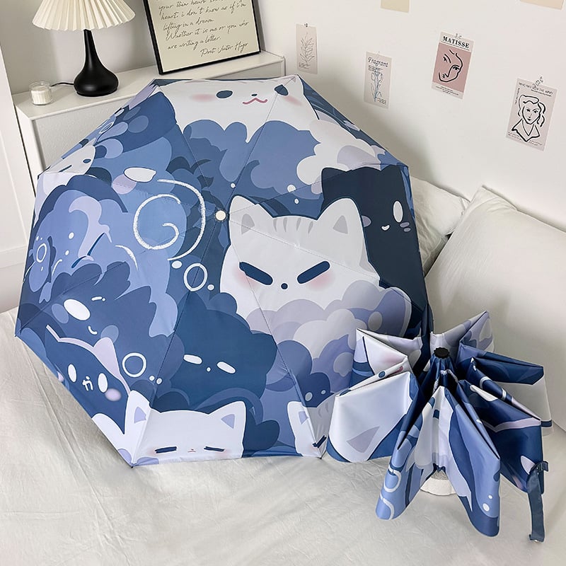 Сгъваем чадър с котешки анимационен принт, петпанелен, компактен и автоматичен, за слънце и дъжд, UV защита PA+++