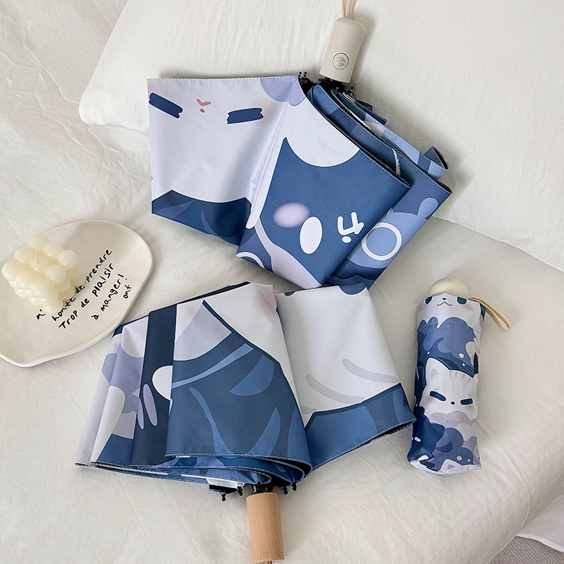 Сгъваем чадър с котешки анимационен принт, петпанелен, компактен и автоматичен, за слънце и дъжд, UV защита PA+++