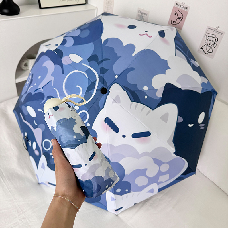 Сгъваем чадър с котешки анимационен принт, петпанелен, компактен и автоматичен, за слънце и дъжд, UV защита PA+++