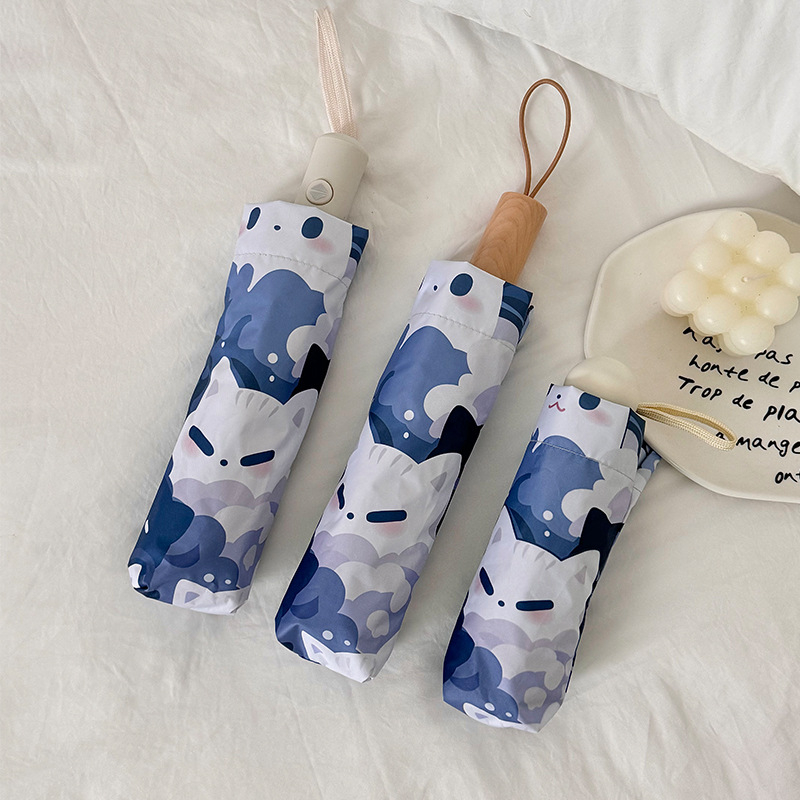 Сгъваем чадър с котешки анимационен принт, петпанелен, компактен и автоматичен, за слънце и дъжд, UV защита PA+++