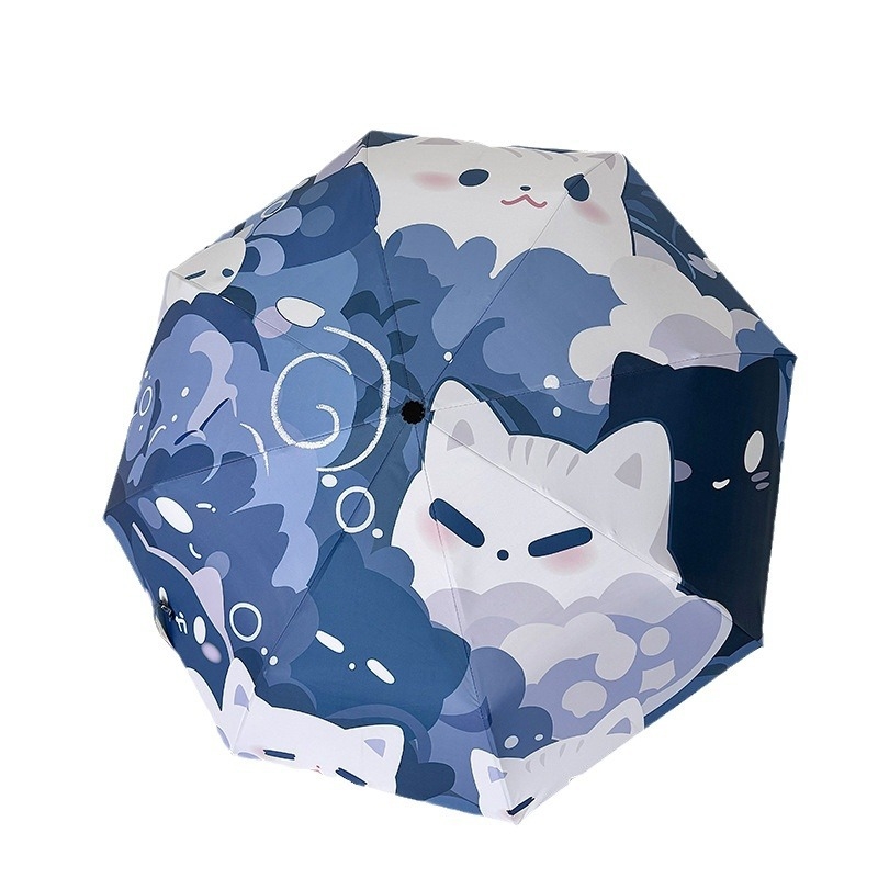 Сгъваем чадър с котешки анимационен принт, петпанелен, компактен и автоматичен, за слънце и дъжд, UV защита PA+++