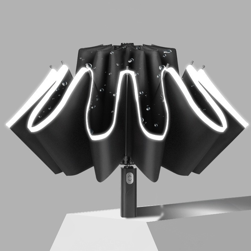 10‑ръбен голям автоматичен чадър за двама – слънчево и дъждовно използване, сгъваем чадър с LED фенерче