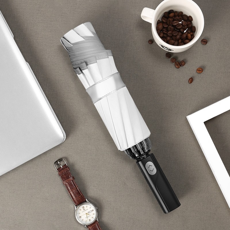 10‑ръбен голям автоматичен чадър за двама – слънчево и дъждовно използване, сгъваем чадър с LED фенерче