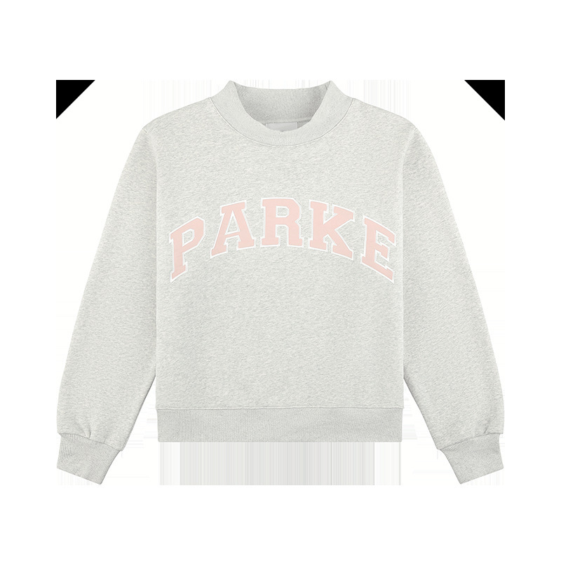 Parke женски сив суитшърт с бродирана буквена апликация, свободен крой, mock neck, дълги ръкави, памук, пролет 2026
