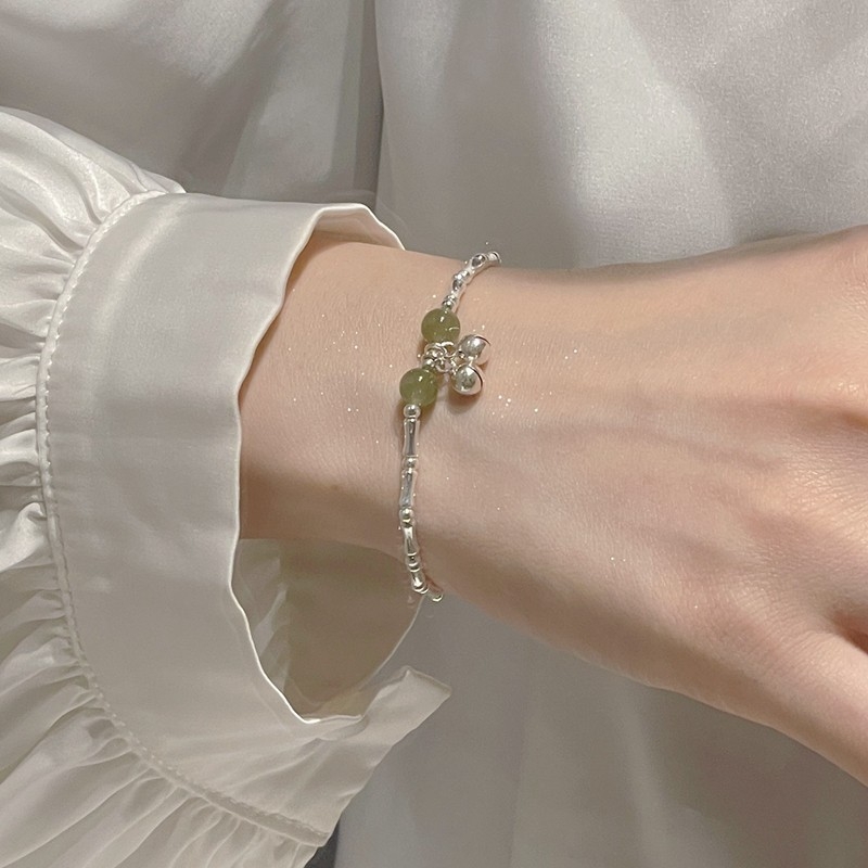 925 srebrna narukvica s zvončićem, dizajn od bambusnih segmenata i Hetian jade, za žene
