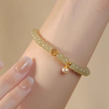 Ženska narukvica s jade-imitacijom, biserima za blagoslov, cvjetni motiv, bakreni nakit, nov model 2023