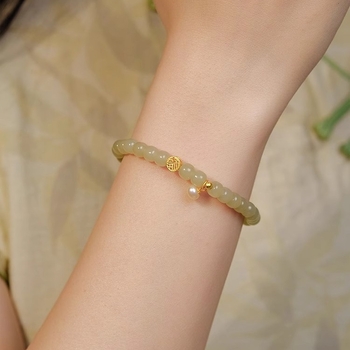 Ženska narukvica s jade-imitacijom, biserima za blagoslov, cvjetni motiv, bakreni nakit, nov model 2023