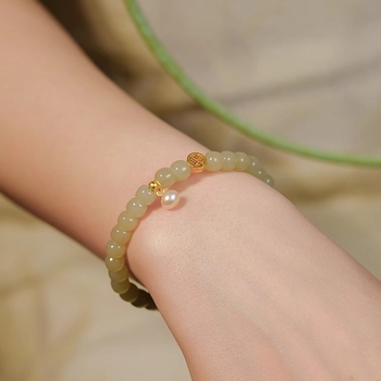 Ženska narukvica s jade-imitacijom, biserima za blagoslov, cvjetni motiv, bakreni nakit, nov model 2023