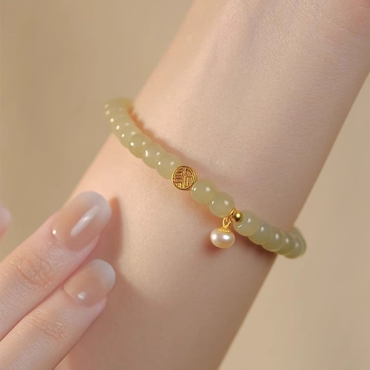 Ženska narukvica s jade-imitacijom, biserima za blagoslov, cvjetni motiv, bakreni nakit, nov model 2023