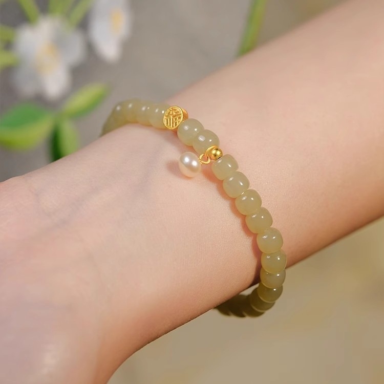 Ženska narukvica s jade-imitacijom, biserima za blagoslov, cvjetni motiv, bakreni nakit, nov model 2023