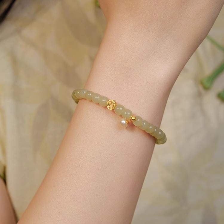 Ženska narukvica s jade-imitacijom, biserima za blagoslov, cvjetni motiv, bakreni nakit, nov model 2023