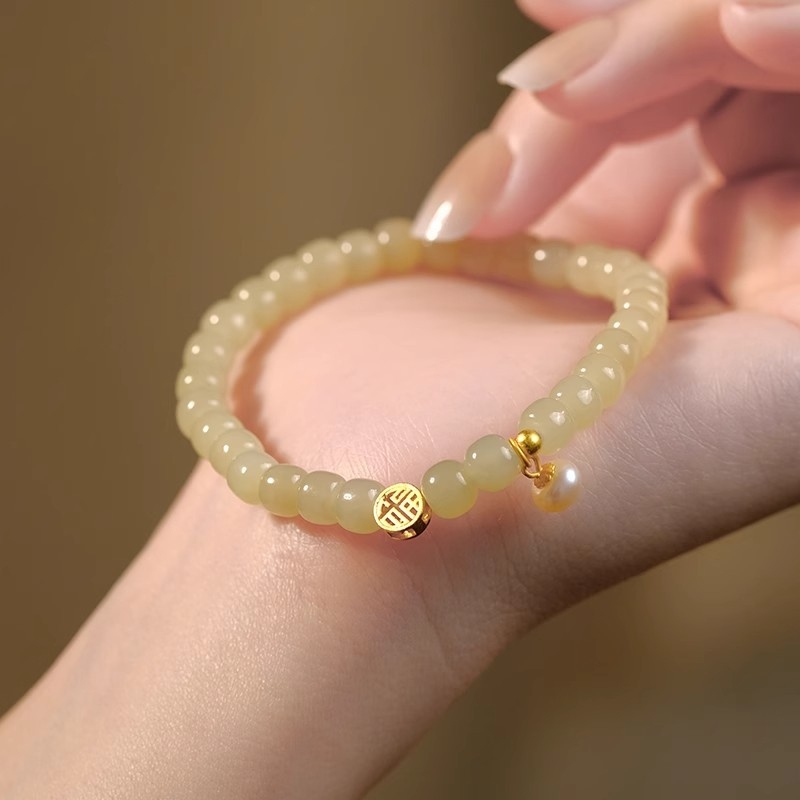 Ženska narukvica s jade-imitacijom, biserima za blagoslov, cvjetni motiv, bakreni nakit, nov model 2023