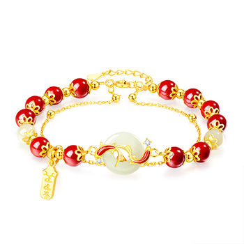 Ženski dvostruki narukvica s imitacijom crvenog ahata i koi ribe motívom, kineskog retro stila dizajn, Peace Buckle kopča