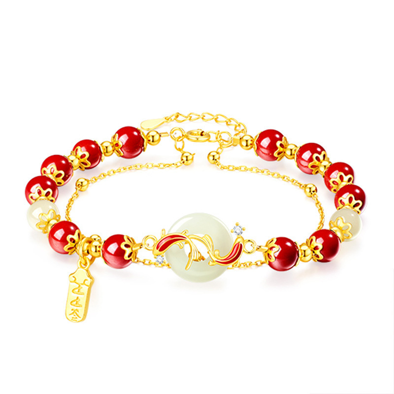 Ženski dvostruki narukvica s imitacijom crvenog ahata i koi ribe motívom, kineskog retro stila dizajn, Peace Buckle kopča