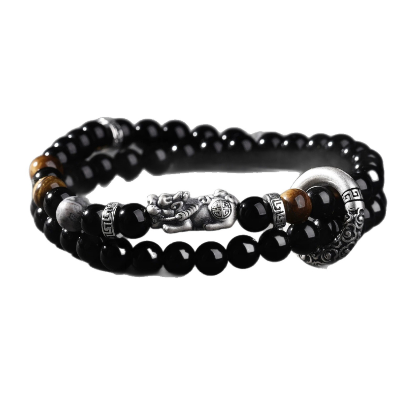 Narukvica Pixiu od obsidijana za muškarce, vintage dvostruko slojevita narukvica s sigurnosnom kopčom, poklon za rođendan dečku