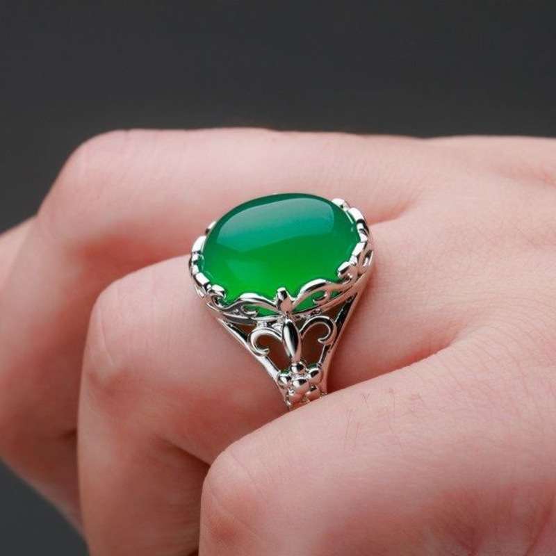 Zeleni ahat prsten sa smaragdnim kamenom, retro kalledonska ugradnja, podesivi otvoreni prsten za žene