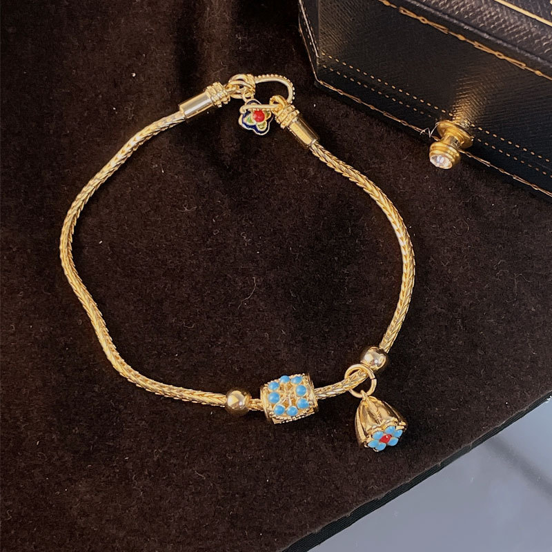 Ženski narukvica od imitiranog jadeita s zlatnim perlama, jade i turkiz, lotus motiv, srebrnasti premaz, vintage dvorski plavi lotos