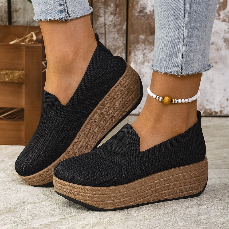 2025 лятни дамски обувки за повишаване на височината, плетени безшнуркови равни обувки с нехлъзгаща подметка, платформи с дебела подметка, големи размери