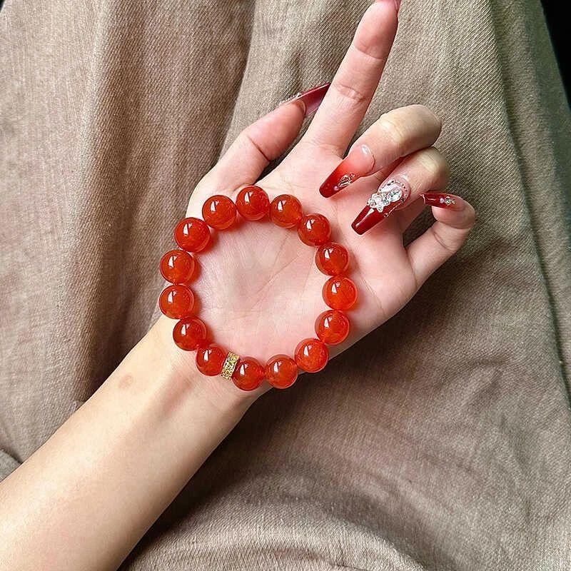 Ledeno proziran južni crveni ahat s velikim zrnima, narukvica s jednim kružnim dizajnom, pravi kalcedon, trešnjasto crvena, unisex nakit