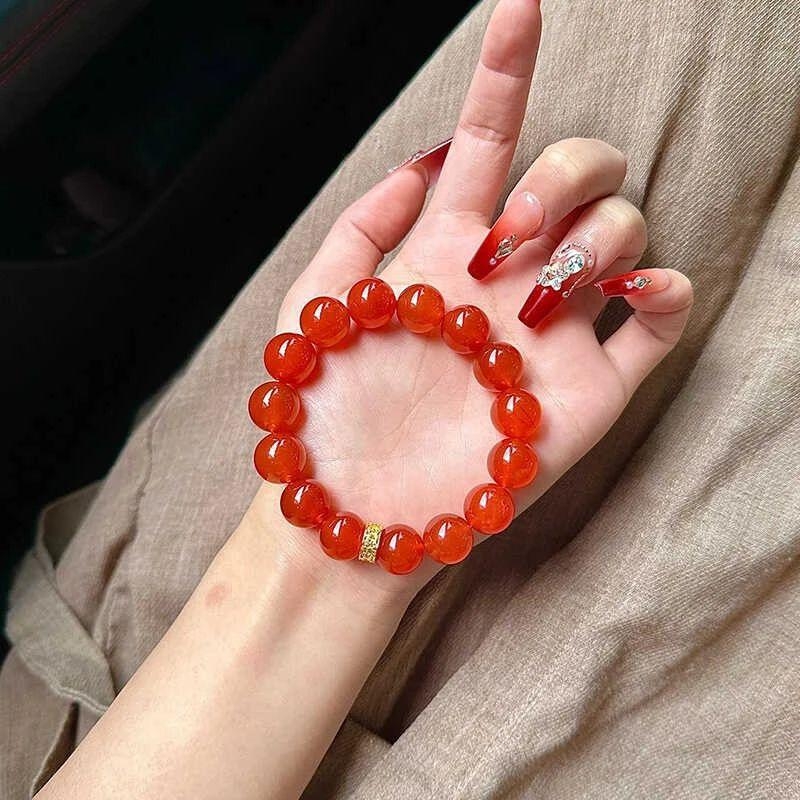 Ledeno proziran južni crveni ahat s velikim zrnima, narukvica s jednim kružnim dizajnom, pravi kalcedon, trešnjasto crvena, unisex nakit