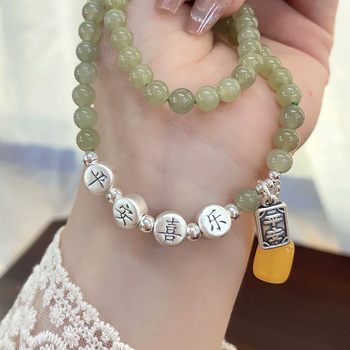 925 srebrna dvostruka narukvica od Hetianskog jadeita i perlice od pčelinjeg voska, za žene, novi kineski stil, visokokvalitetne okrugle perle