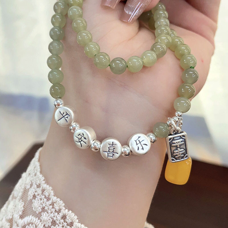 925 srebrna dvostruka narukvica od Hetianskog jadeita i perlice od pčelinjeg voska, za žene, novi kineski stil, visokokvalitetne okrugle perle