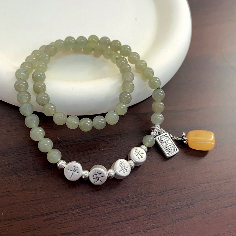 925 srebrna dvostruka narukvica od Hetianskog jadeita i perlice od pčelinjeg voska, za žene, novi kineski stil, visokokvalitetne okrugle perle