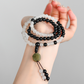 Unisex narukvica s 81 perlicom od obsidijana i bijelog chalcedona, Taoističke Tai Chi Bagua Laojun perle, ručna izrada, s tekstom graviranom