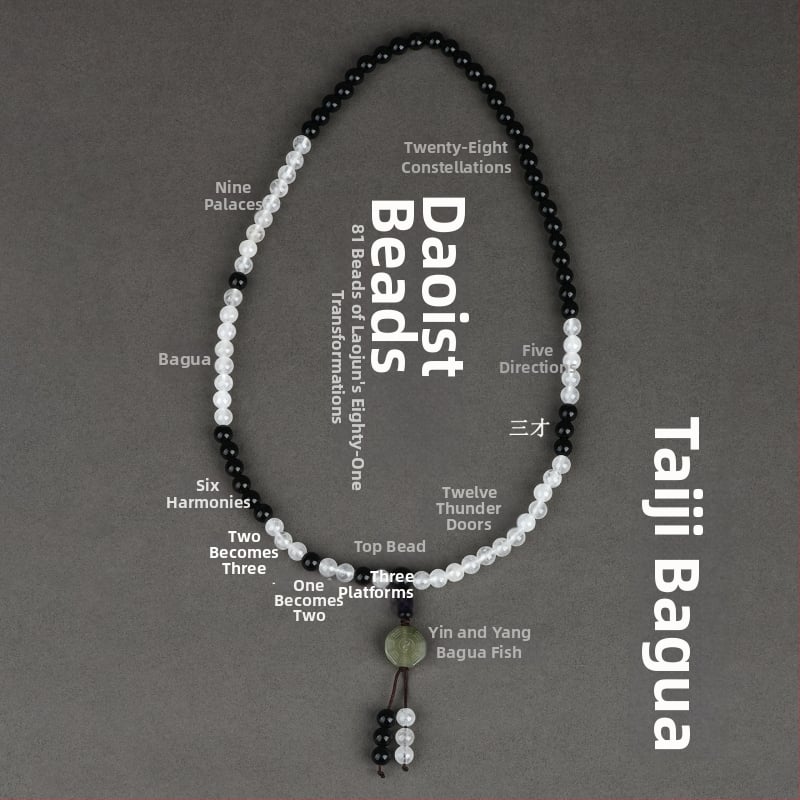 Unisex narukvica s 81 perlicom od obsidijana i bijelog chalcedona, Taoističke Tai Chi Bagua Laojun perle, ručna izrada, s tekstom graviranom