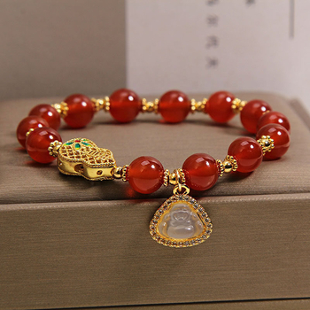 Prirodna crvena ahat narukvica za žene, lagani luksuz, nišni dizajn, perle sreće, amulet u obliku tikve, bijeli jade Buddha, crvene kristalne perle, godina rođenja