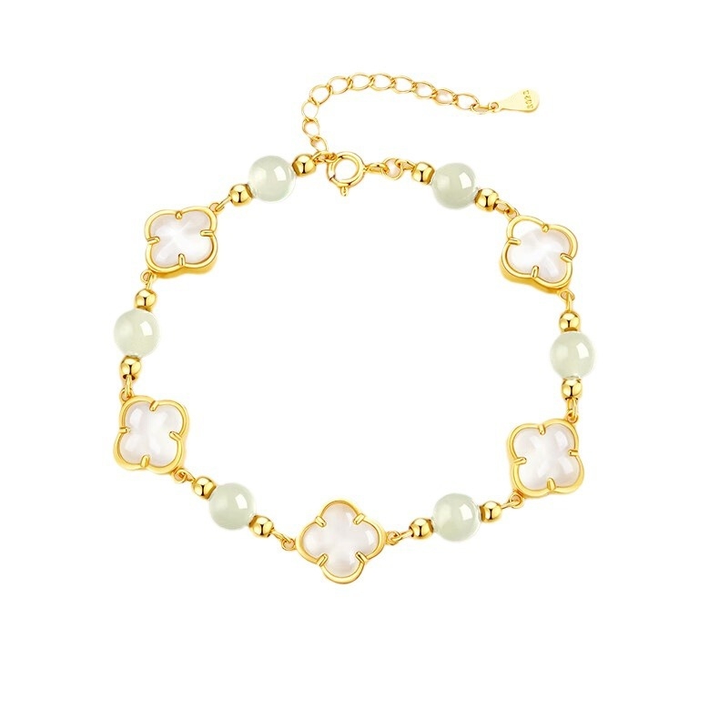 Narukvica od srebra S925 za žene, četverolistna djetelina, elegantan vintage stil s Hetian Jade perlama