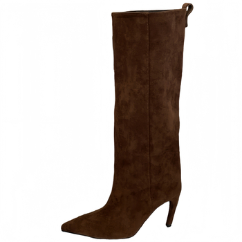 Ženske čizme iznad koljena s špicastim vrhom, jednobojne, ravna linija, visoki pet 6–8 cm