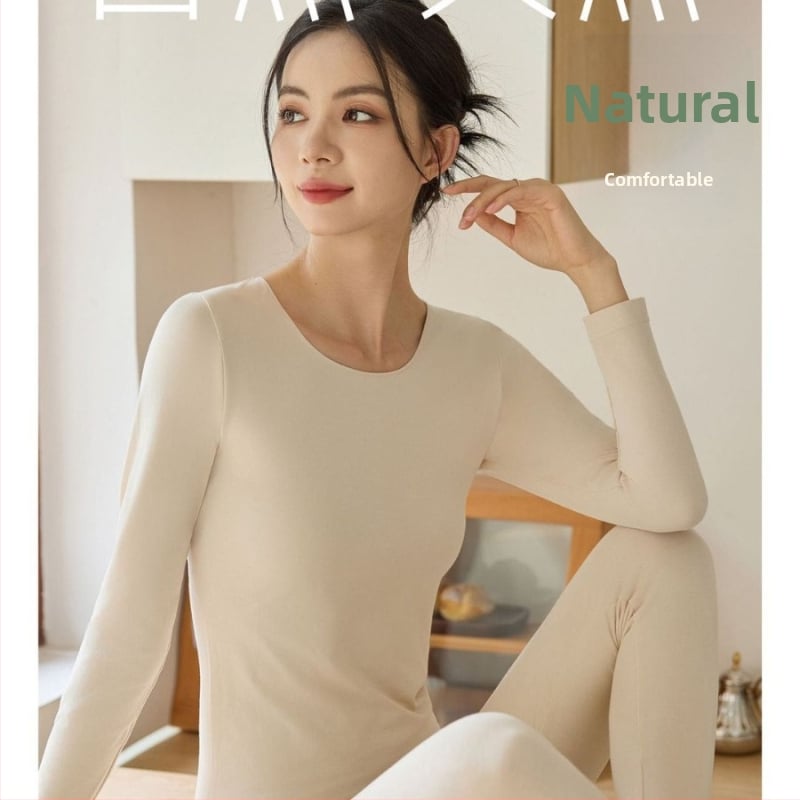 Σετ γυναικείων βαμβακωτών θερμικών εσωρούχων: λεπτό τοπ με στρογγυλή λαιμόκοψη και παντελόνια, εφαρμογή Slim-fit, αντιστατικό