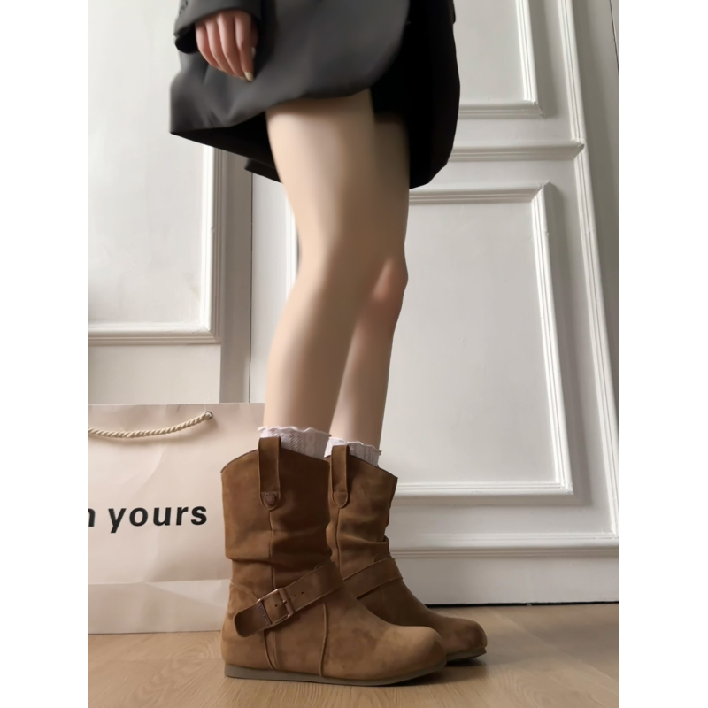 Khaki ретро ботуши с плоска подметка и вътрешно повдигане за жени, къси ботуши в стил Birkenstock, есен 2025