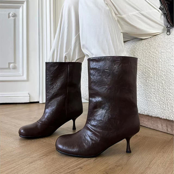 Дамски slip-on обувки с кръгла носка и нисък ток, PU горна част, TPU подметка, стелка от изкуствен косъм, европейски стил, есен 2025