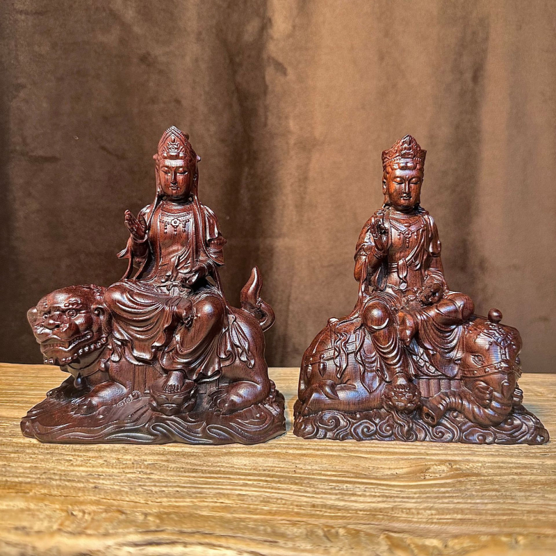 Ебоново дърво, дърворезба: Manjushri и Samantabhadra Bodhisattva седяща статуя за домашен алтар