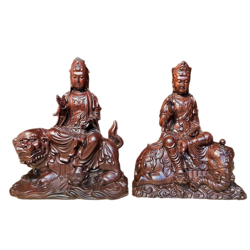 Ебоново дърво, дърворезба: Manjushri и Samantabhadra Bodhisattva седяща статуя за домашен алтар