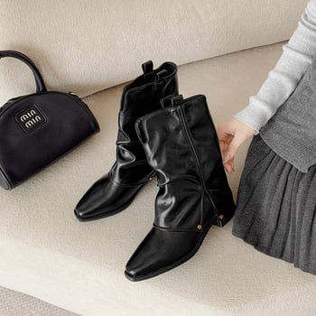 Női csizmák fleece bélésével, vastag talppal, fél lábszárig érő, hegyes orrú, ősz-tél, méretek 31–34