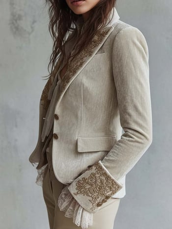 2025 дамско кадифено сако с джобове, принтирана яка и разкроени ръкави, дълги ръкави, малък сако