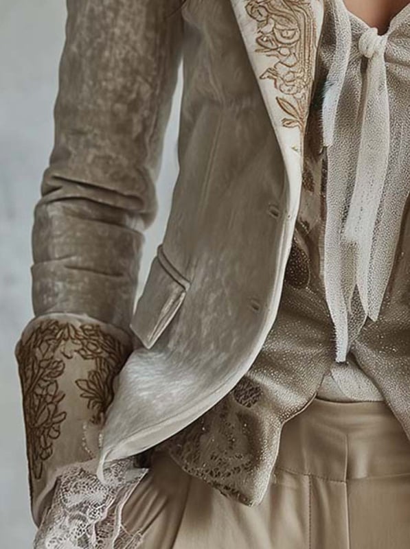 2025 дамско кадифено сако с джобове, принтирана яка и разкроени ръкави, дълги ръкави, малък сако