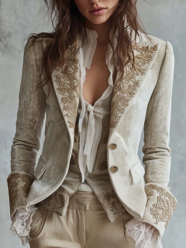 2025 дамско кадифено сако с джобове, принтирана яка и разкроени ръкави, дълги ръкави, малък сако