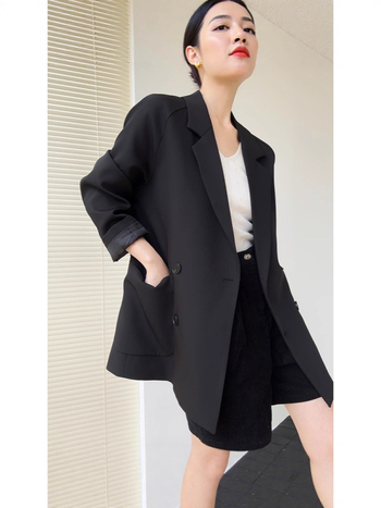 Дамско разхлабено сако с контрастен блок от цветове, средна дължина, двойно закопчаване, корейски стил за пролет и есен