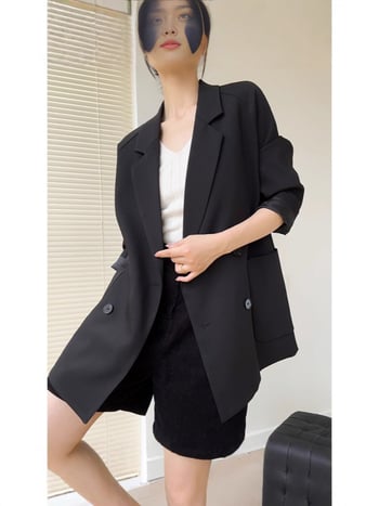 Дамско разхлабено сако с контрастен блок от цветове, средна дължина, двойно закопчаване, корейски стил за пролет и есен