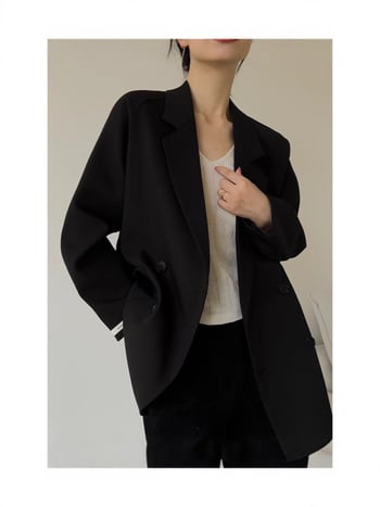 Дамско разхлабено сако с контрастен блок от цветове, средна дължина, двойно закопчаване, корейски стил за пролет и есен