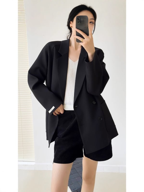 Дамско разхлабено сако с контрастен блок от цветове, средна дължина, двойно закопчаване, корейски стил за пролет и есен