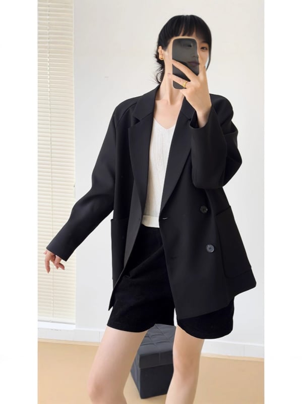 Дамско разхлабено сако с контрастен блок от цветове, средна дължина, двойно закопчаване, корейски стил за пролет и есен