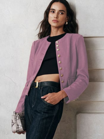 Женско късо сако с кръгла яка, едноцветно костюмно яке за пролет и есен, офисен стил