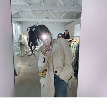 Дамско сако млечно бял цвят, пролет, свободна кройка в корейски стил, средна дължина